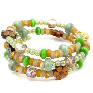 Hand Crafted Beaded Coil Wrap Bracelet Green